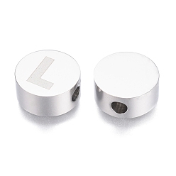 Letter L 304 Stainless Steel Beads, Flat Round with Letter, Letter.L, 10x4.5mm, Hole: 2mm