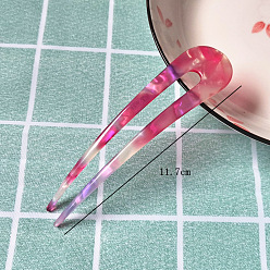Deep Pink Cellulose Acetate(Resin) Hair Forks, Vintage Decorative Hair Accessories, U-shaped, Deep Pink, 117mm