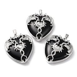 Black Agate Natural Black Agate Heart Pendant Rhinestone Settings, Rack Plating Platinum Plated Brass Wings Charms, Long-Lasting Plated, Fit for 3mm Rhinestone, 37x33x10~11.5mm, Hole: 8x5mm