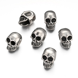 Antique Silver 304 Stainless Steel European Beads, Large Hole Beads, Skull, Antique Silver, 14.5x10.5x12.5mm, Hole: 4mm