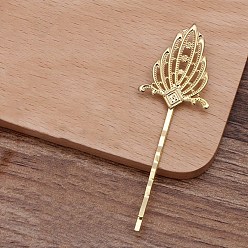 Golden Iron Hair Bobby Pin Findings, with Flower Brass Findings, Golden, 81x27x5mm