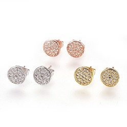 Mixed Color Brass Ear Studs, with Cubic Zirconia, Lead Free & Cadmium Free & Nickel Free, Flat Round, Clear, Mixed Color, 8x1.5mm, Pin: 0.8mm
