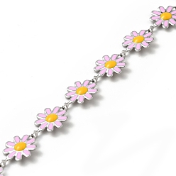 Pink 304 Stainless Steel Flower Link Chains, with Enamel, Soldered, with Spool, Pink, 10x1~2mm