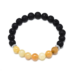 Topaz Jade Natural Topaz Jade Beads Stretch Bracelets, with Synthetic Lava Rock Beads and Alloy Beads, Round, Inner Diameter: 2-1/8 inch(5.5cm), Beads: 8.5mm