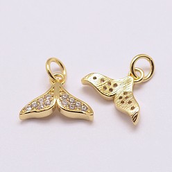 Real 18K Gold Plated Brass Micro Pave Grade AAA Cubic Zirconia Charms, Long-Lasting Plated, Whale Tail, Cadmium Free & Nickel Free & Lead Free, Real 18K Gold Plated, 9x12.5x3mm, Hole: 3mm