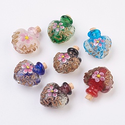 Mixed Color Handmade Luminous Lampwork  Perfume Bottle Pendants, Essential Oil Bottle, with Gold Sand, Heart with Flower, Mixed Color, 31.5~32.5mm, Hole: 4.5~5.5mm, Bottle Capacity: 0.5~1ml(0.017~0.03 fl. oz)