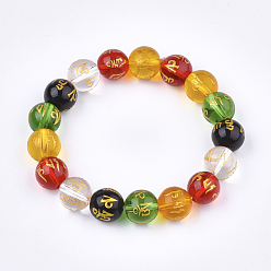 Colorful Natural Agate Mala Bead Bracelets, Buddhist Jewelry, Stretch Bracelets, Round with Om Mani Padme Hum, Colorful, 2-1/8 inch(5.5cm)