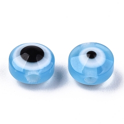 Light Sky Blue Resin Beads, Flat Round, Evil Eye, Light Sky Blue, 6x4mm, Hole: 1.5mm