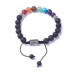 Lave Chakra bijoux, bracelets de perles tressées en pierre naturelle et synthétique, avec pierre de lave naturelle, Découvertes en alliage et cordon de nylon, rectangle avec arbre, 52~76mm