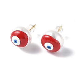 FireBrick Natural Shell Evil Eye Stud Earrings with Enamel, Real 18K Gold Plated Brass Jewelry for Women, FireBrick, 14mm, Pin: 0.8mm