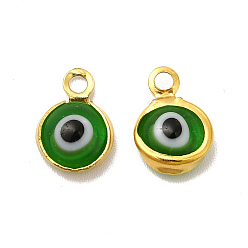 Green Ion Plating(IP) 304 Stainless Steel with Glass Enamel Charms, Real 18K Gold Plated, Flat Round with Evil Eye Pattern, Green, 9.5x6.5x2.5mm, Hole: 1.6mm
