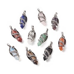 Mixed Stone Natural & Synthetic Mixed Gemstone Pointed Pendants, Faceted Bullet Charms with Antique Silver Tone Alloy Dragon Wrapped, 47.5x19x18.5mm, Hole: 7.5x6mm
