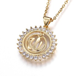 Golden 304 Stainless Steel Pendant Necklaces, with Cubic Zirconia, Flat Round with Allah, Clear, Golden, 17.2 inch(44.1cm), Pendant: 21.5x20.5x2.5mm