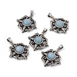 Aquamarine Natural Aquamarine Pendants, Flat Round Charms with Flower, with Antique Silver Color Brass Findings, 26x23.5x7.5mm, Hole: 4x4mm