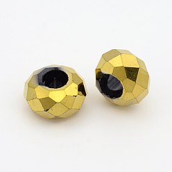 Gold Electroplate Glass European Beads, Large Hole Beads, No Metal Core, Faceted Rondelle, Gold, 14x8mm