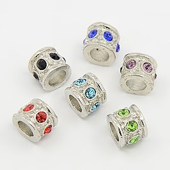 Mixed Color Alloy European Beads, with Rhinestone Beads, Large Hole Beads, Column, Platinum Metal Color, Mixed Color, 8x10x2mm, Hole: 5mm