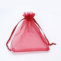 Rouge Foncé Pochette organza , bijoux pochettes en maille pour noce cadeaux de noël sacs de bonbons, avec cordon de serrage, rectangle, rouge foncé, 12x10 cm
