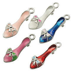 Mixed Color Brass Enamel Pendants, High-Heeled Slippers, Platinum, Mixed Color, about 7mm wide, 23mm long, 7mm high, hole: 2mm