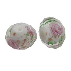 White Handmade Gold Sand Lampwork Beads, Inner Flower, Faceted, Rondelle, White, about 8mm in diameter, 6mm thick, hole: 1.5mm