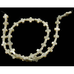White Natural White Shell Beads Strands, Mother of Pearl Shell Beads, Cross, White, about 8mm wide, 12mm long, 3mm thick, hole: 1mm, 33pcs/strand, 16 inch