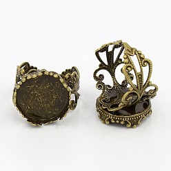 Bronze Antique Paramètres de cabochon de bague en laiton manchette, composants d'anneau en filigrane, bronze antique, plateau: 15 mm, 18 mm