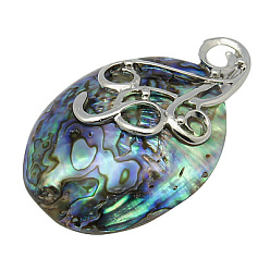 Colorful Paua Shell Big Pendants, with Brass Pendant Setting, Nickel Metal Color, Colorful, 59~75x34~40x12mm, Hole: 4.5mm