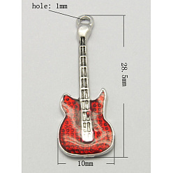 Red Brass Enamel Pendants, Lead Free & Nickel Free, Guitar, Platinum Color, Red, Size: about 28.5mm long, 10mm wide, 2mm thick, hole: 1mm