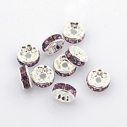 Púrpura Cuentas / Abalorios de espaciador de rhinestone de latón, Grado A, el color plateado de plata, Rondana plana, púrpura, tamaño: cerca de 8 mm de diámetro, 3.5 mm de espesor, agujero: 2 mm