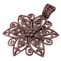 Red Copper Tibetan Style Alloy Focal Pendants, Lead Free and Cadmium Free, Fancy Filigree Flower, Red Copper, 64x46.5x1.5mm, Hole: 11mm