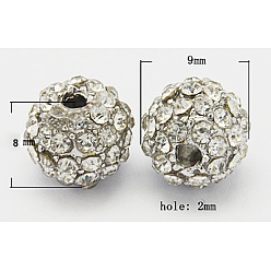 Clear Alloy Beads, with Middle East Rhinestones, Round, Silver Color Plated, Clear, Size: about 9mm in diameter, 8mm thick, hole: 2mm
