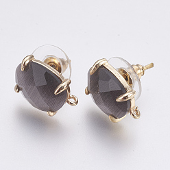 Gray Faceted Glass Stud Earring Findings, with Loop, Light Gold Plated Brass Findings, Oval, Gray, 14x10x5mm, Hole: 1mm, Pin: 0.8mm