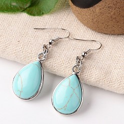 Synthetic Turquoise Synthetic Turquoise Teardrop Dangle Earrings, with Platinum Plated Brass Findings, 47mm, Pin: 0.7mm