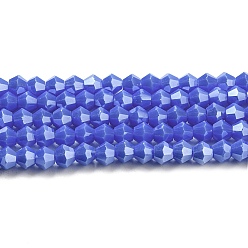 Medium Blue Opaque Solid Color Electroplate Glass Beads Strands, Pearl Luster Plated, Faceted, Bicone, Medium Blue, 4x4mm, Hole: 0.8mm, about 87~98pcs/strand, 12.76~14.61 inch(32.4~37.1cm)