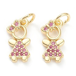 Real 18K Gold Plated Brass Micro Pave Cubic Zirconia Pendants, Long-Lasting Plated, Pink, Little Girl, Real 18K Gold Plated, 14x6.5x1.5mm, Hole: 3.2mm