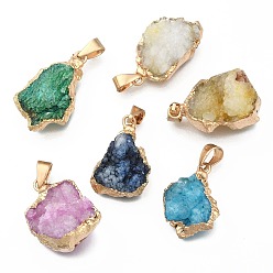 Mixed Color Natural Druzy Agate Pendants, Druzy Trimmed Stone, Dyed, Nuggets, Mixed Color, 23~40x13~30x7~20mm, Hole: 3x6mm