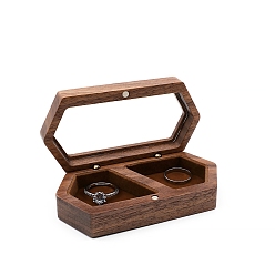 Coffee 2-Slot Hexagon Walnut Wood Magnetic Wedding Ring Gift Case, Clear Window Jewelry Box with Velvet Inside, for Couple Rings, Coffee, 10x5x2.8cm