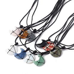 Mixed Stone Adjustable Gemstone Moon Pendant Necklace, Wax Cord Macrame Pouch Braided Gemstone Jewelry for Women, 29.37~29.69 inch(74.6~75.4cm)