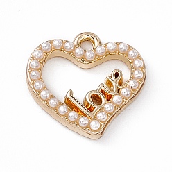 Blanco Colgantes de perlas de imitación de plástico abs, con fornitura de aleación de oro ligero, corazón con la palabra amor, blanco, 14.5x14.5x2.5 mm, agujero: 1.6 mm