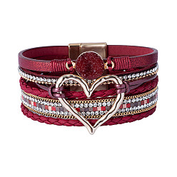 Rouge Foncé Bracelets multi-étoiles en simili cuir, strass style bohème et cristal druzy, bracelet à maillons pour femme, rouge foncé, 7-5/8 pouce (19.5 cm), 30mm