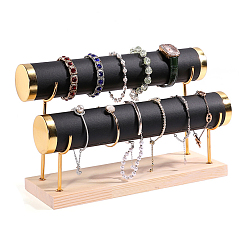 Negro Cuero de la pu 2 estante de exhibición de la pulsera de la barra t, soporte organizador de joyas con base de madera, para guardar pulseras y relojes, negro, 29x10x18.5 cm