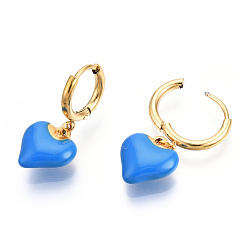 Dodger Blue Enamel Heart Dangle Hoop Earrings, Real 18K Gold Plated 304 Stainless Steel Jewelry for Women, Nickel Free, Dodger Blue, 28x11.5mm, Pin: 1mm