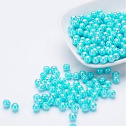 Bleu Ciel Perles acryliques de poly styrène respectueuses de l'environnement, de couleur plaquée ab , ronde, bleu ciel, 8mm, trou: 1 mm, environ 2000 pcs / 500 g