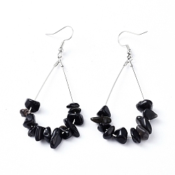 Obsidienne Pendants d'oreilles, avec des chips d'obsidienne noire naturelle, crochets et larme en laiton plaqué platine, , 71~75mm, pendentif: 53.5~59 mm, pin: 0.5 mm