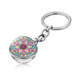 Light Sea Green Yoga Mandala Pattern Double-Sided Glass Half Round/Dome Pendant Keychain, with Alloy Findings, for Car Bag Pendant Accessories, Light Sea Green, 7.9cm
