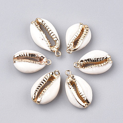 Floral White Electroplate Freshwater Shell Pendants, with Iron Findings, Golden, Floral White, 23~28x15x6~8mm, Hole: 1.6mm