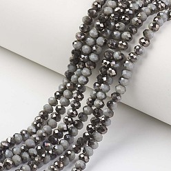 Gray Electroplate Opaque Glass Beads Strands, Half Black Plated, Faceted, Rondelle, Gray, 6x5mm, Hole: 1mm, about 85~88pcs/strand, 16.1~16.5 inch(41~42cm)