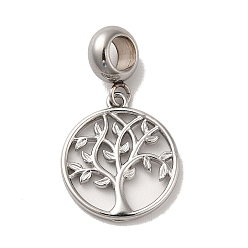 Stainless Steel Color 304 Stainless Steel European Dangle Charms, Large Hole Pendants, Flat Round with Tree of Life Pattern, Stainless Steel Color, 27mm, Pendant: 18x16x1.5mm, Hole: 4.5mm