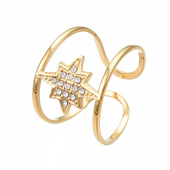 Золотой 304 открытая манжета со звездой из нержавеющей стали со стразами, полое массивное кольцо для женщин, золотые, размер США 7 3/4 (17.9 мм)