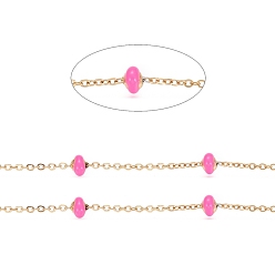 Hot Pink Stainless Steel Satellite Chains, with Enamel Beads and Spool, Soldered, Long-Lasting Plated, Flat Round, Golden, Hot Pink, 1.5x1.2x0.3mm, about 32.8 Feet(10m)/roll