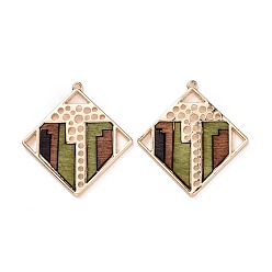 Light Gold Alloy Pendants, with Dyed Wood, Rhombus with Geometric Pattern, Light Gold, 41x39x2.5mm, Hole: 1.6mm